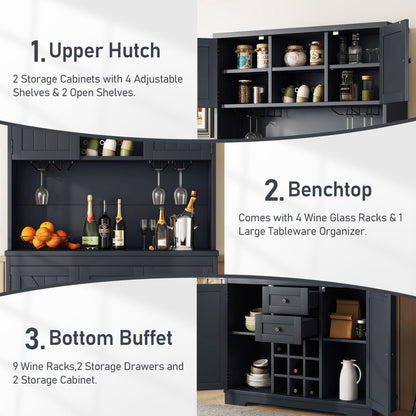 Coffee Bar Cabinet Kitchen Cabinet with Storage, Farmhouse Wine Cabinet with Drawers shelves and cabinets, Buffet Cabinet Wine & Glass Racks for Dining Room, Kitchen, Dark Blue - 1st Choice Furniture Direct