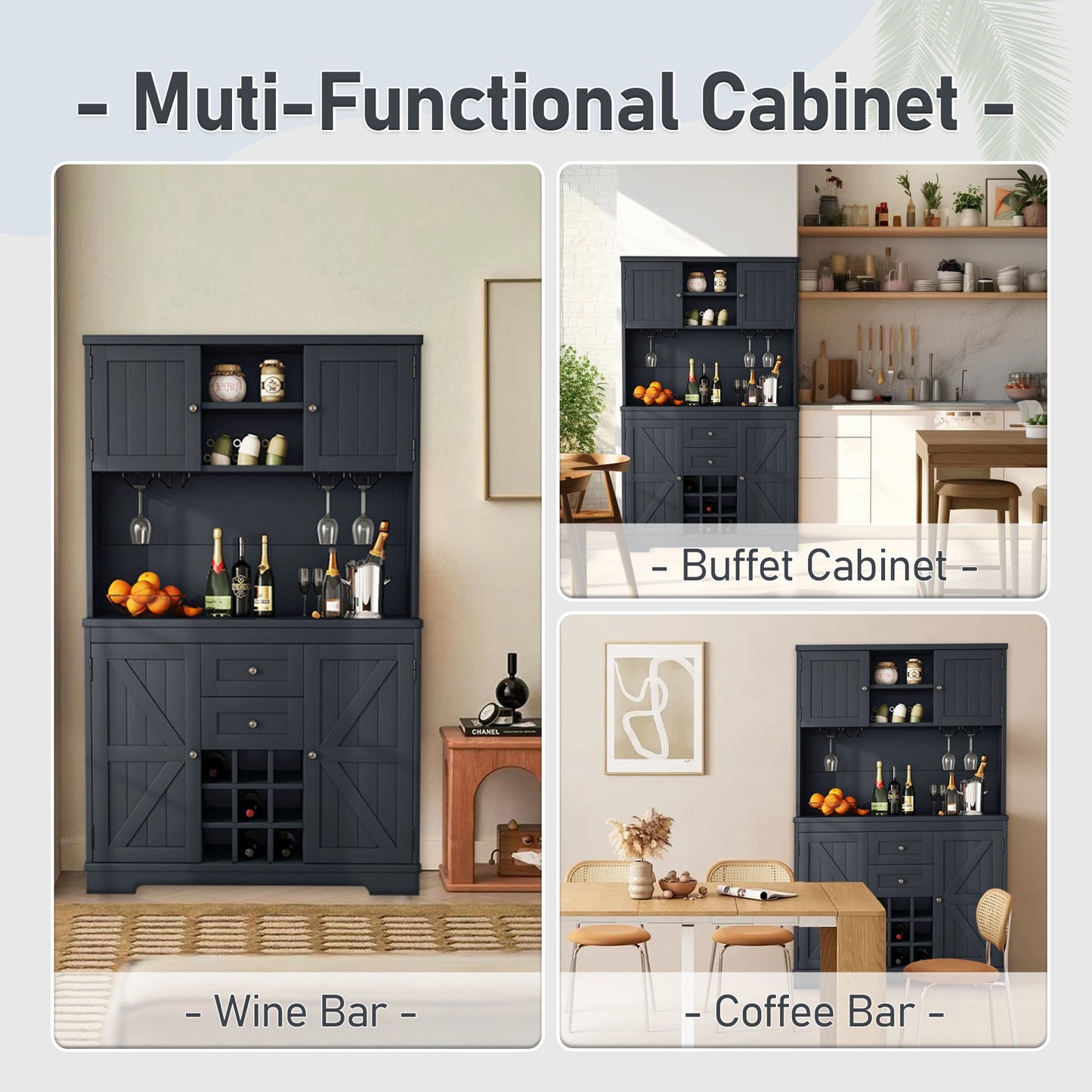Coffee Bar Cabinet Kitchen Cabinet with Storage, Farmhouse Wine Cabinet with Drawers shelves and cabinets, Buffet Cabinet Wine & Glass Racks for Dining Room, Kitchen, Dark Blue - 1st Choice Furniture Direct
