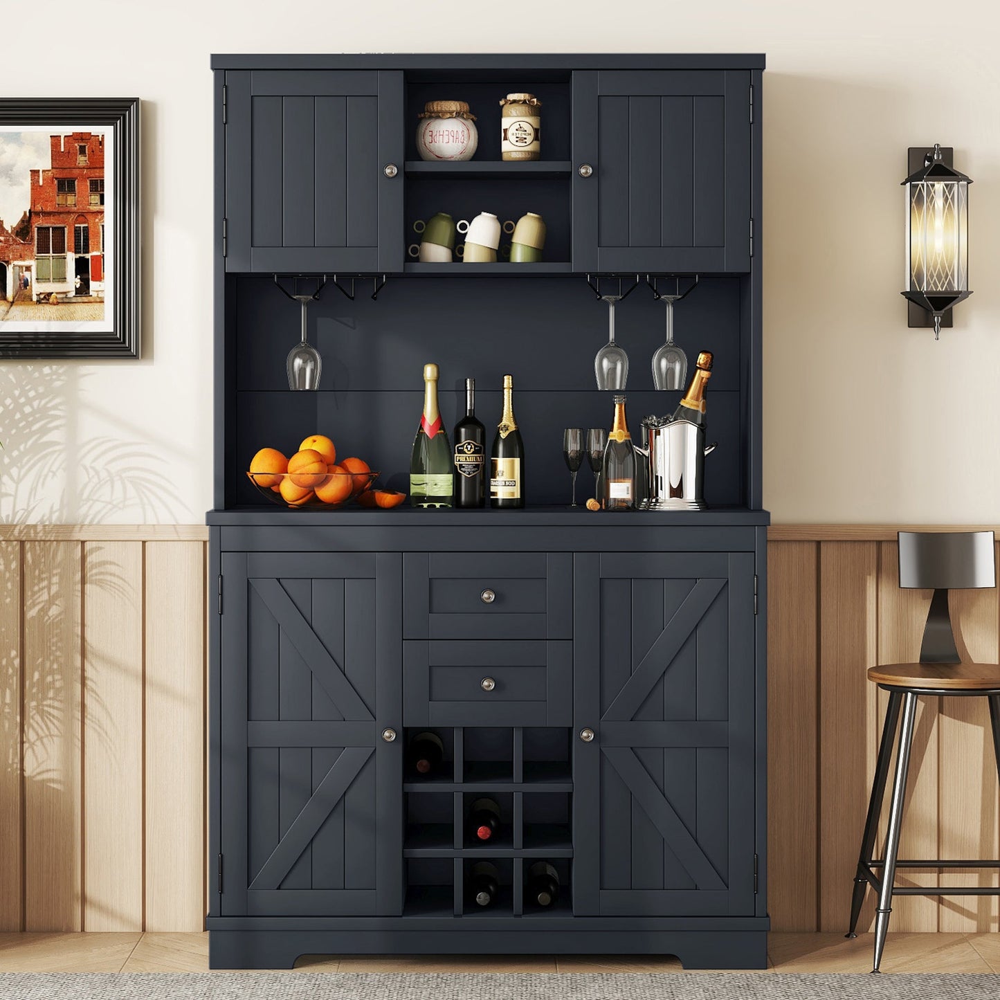 Coffee Bar Cabinet Kitchen Cabinet with Storage, Farmhouse Wine Cabinet with Drawers shelves and cabinets, Buffet Cabinet Wine & Glass Racks for Dining Room, Kitchen, Dark Blue - 1st Choice Furniture Direct