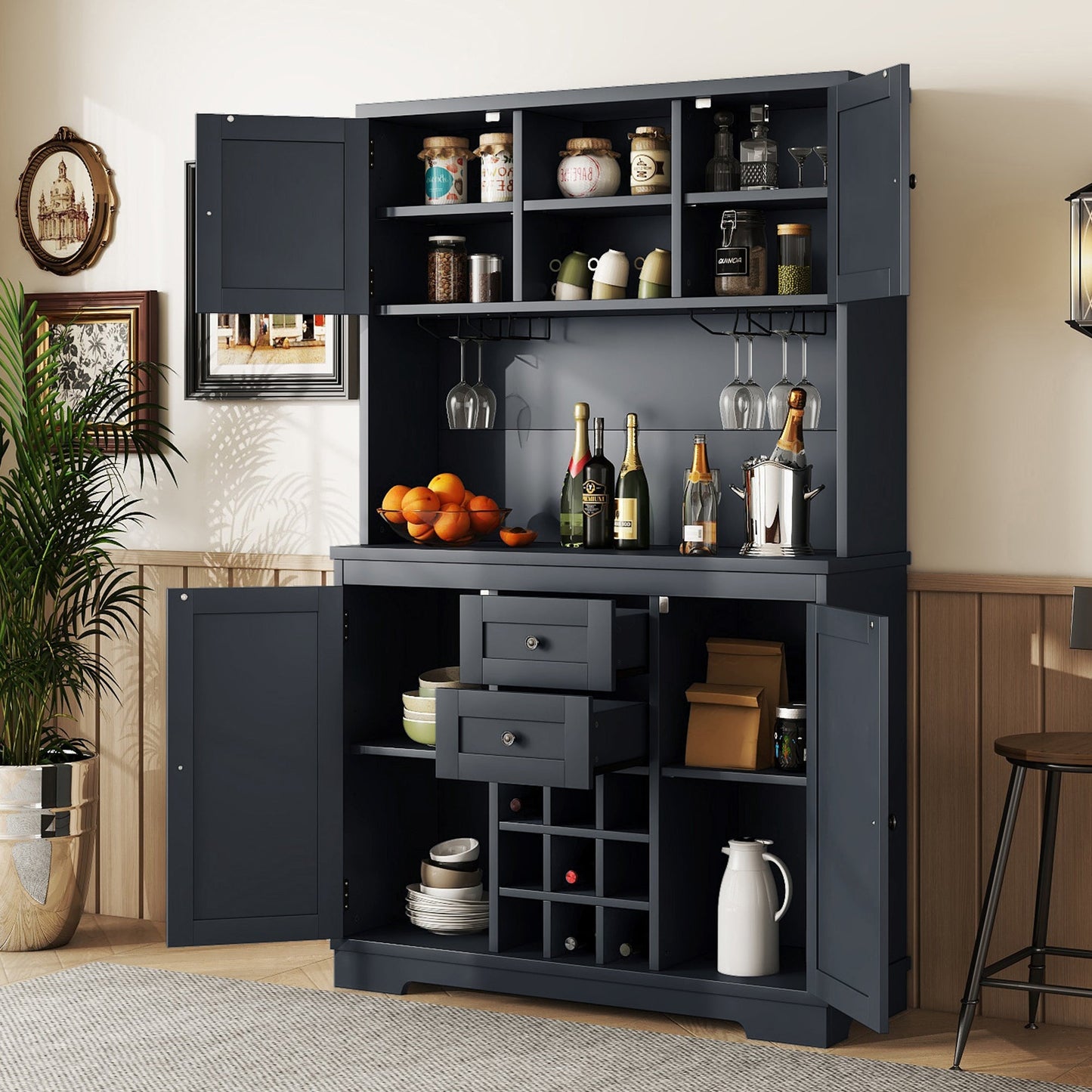 Coffee Bar Cabinet Kitchen Cabinet with Storage, Farmhouse Wine Cabinet with Drawers shelves and cabinets, Buffet Cabinet Wine & Glass Racks for Dining Room, Kitchen, Dark Blue - 1st Choice Furniture Direct