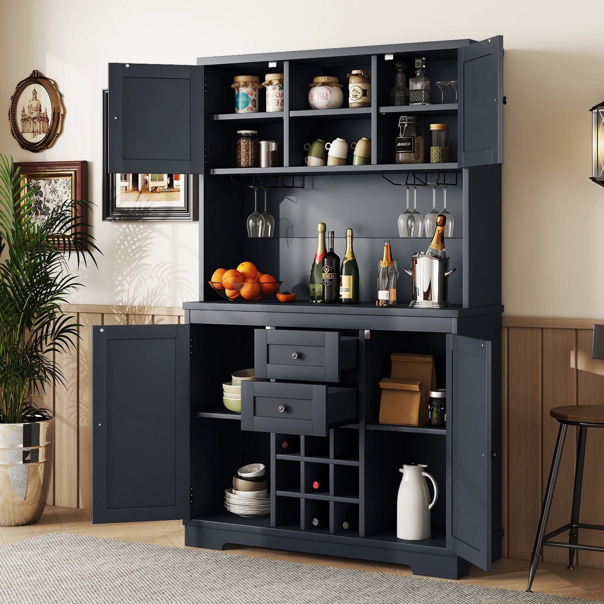 Coffee Bar Cabinet Kitchen Cabinet with Storage, Farmhouse Wine Cabinet with Drawers shelves and cabinets, Buffet Cabinet Wine & Glass Racks for Dining Room, Kitchen, Dark Blue - 1st Choice Furniture Direct