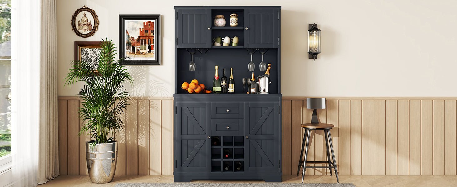 Coffee Bar Cabinet Kitchen Cabinet with Storage, Farmhouse Wine Cabinet with Drawers shelves and cabinets, Buffet Cabinet Wine & Glass Racks for Dining Room, Kitchen, Dark Blue - 1st Choice Furniture Direct