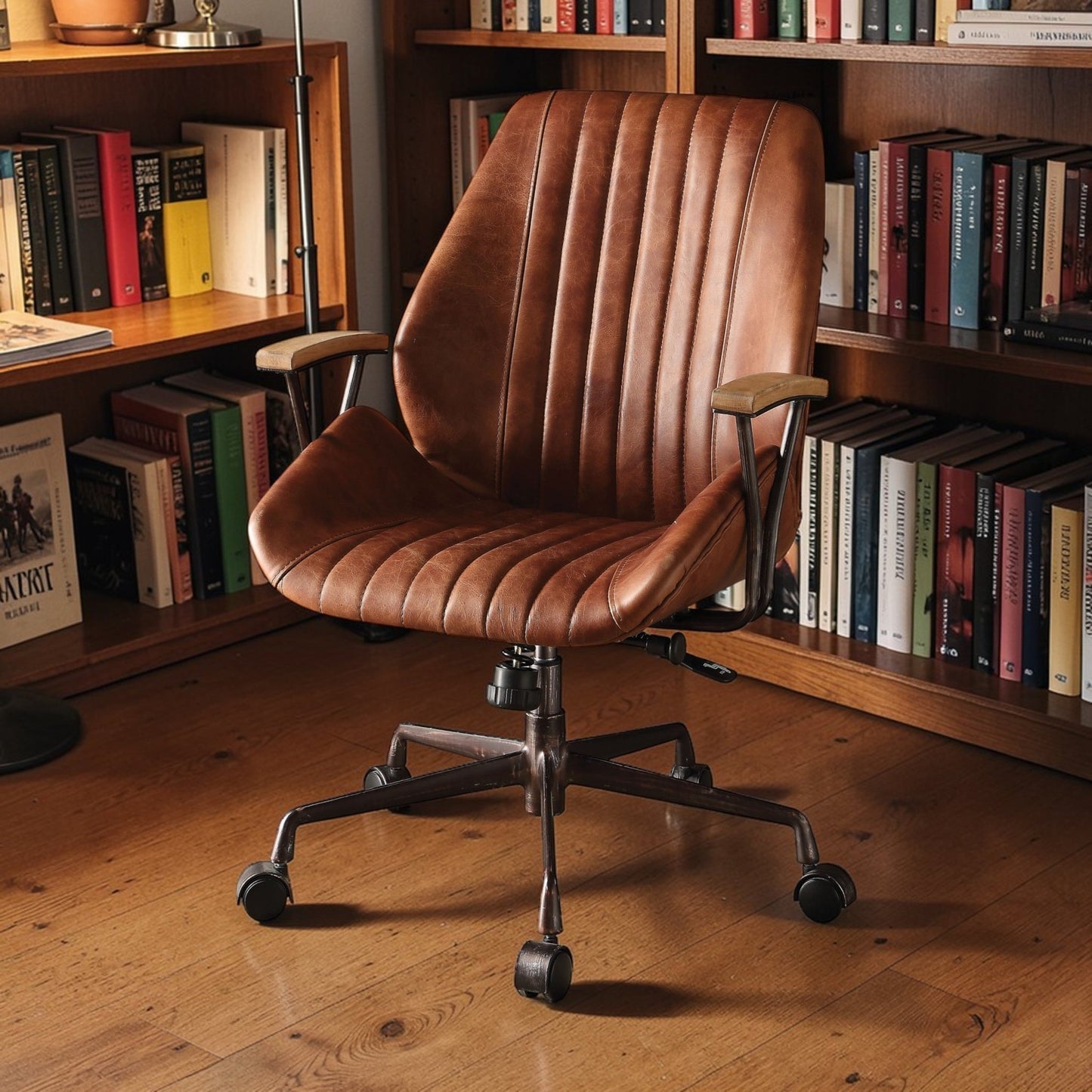 Coffee Executive Office Chair – Top Grain Leather Swivel Desk Chair with Wood Armrests - 1st Choice Furniture Direct