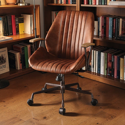 Coffee Executive Office Chair – Top Grain Leather Swivel Desk Chair with Wood Armrests - 1st Choice Furniture Direct