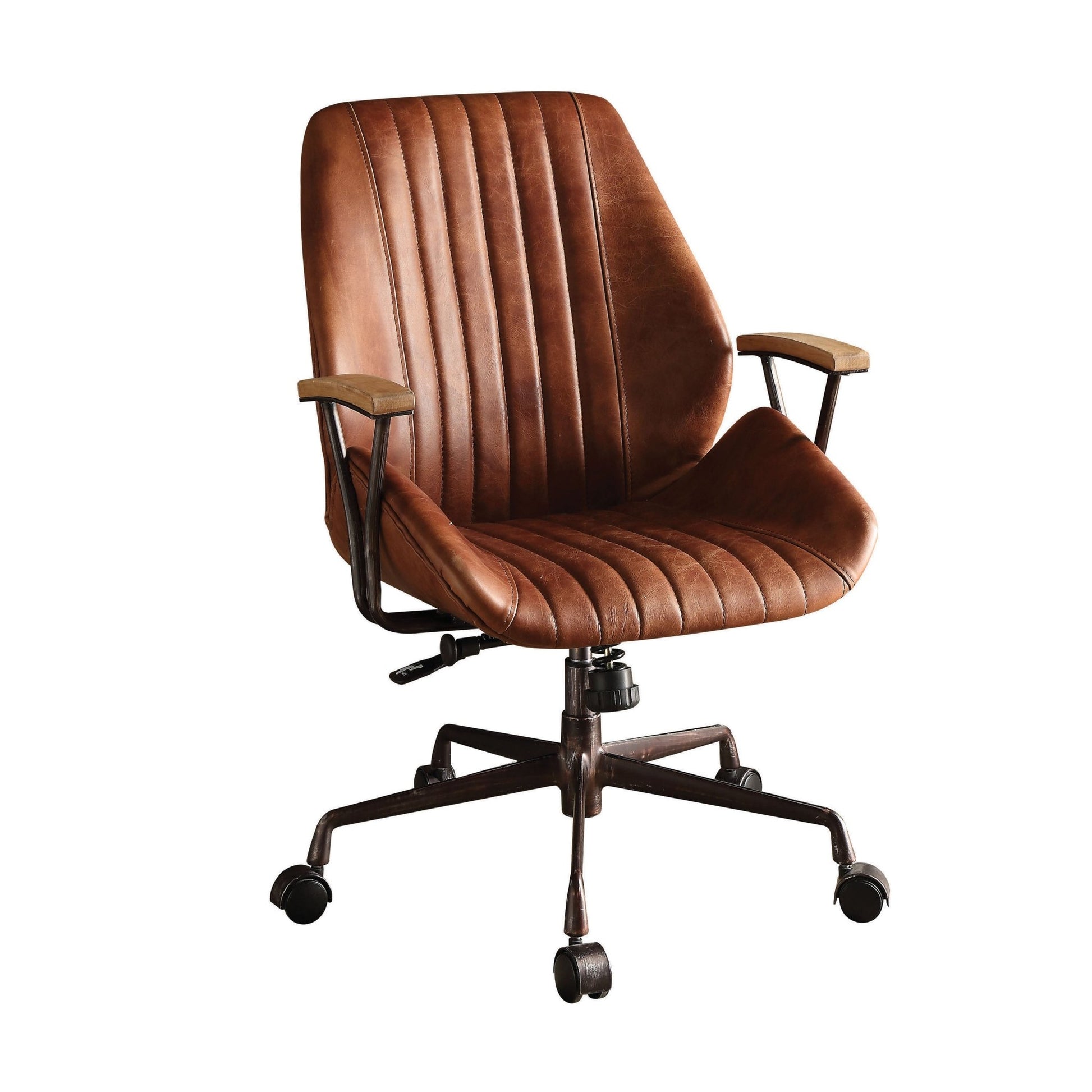 Coffee Executive Office Chair – Top Grain Leather Swivel Desk Chair with Wood Armrests - 1st Choice Furniture Direct
