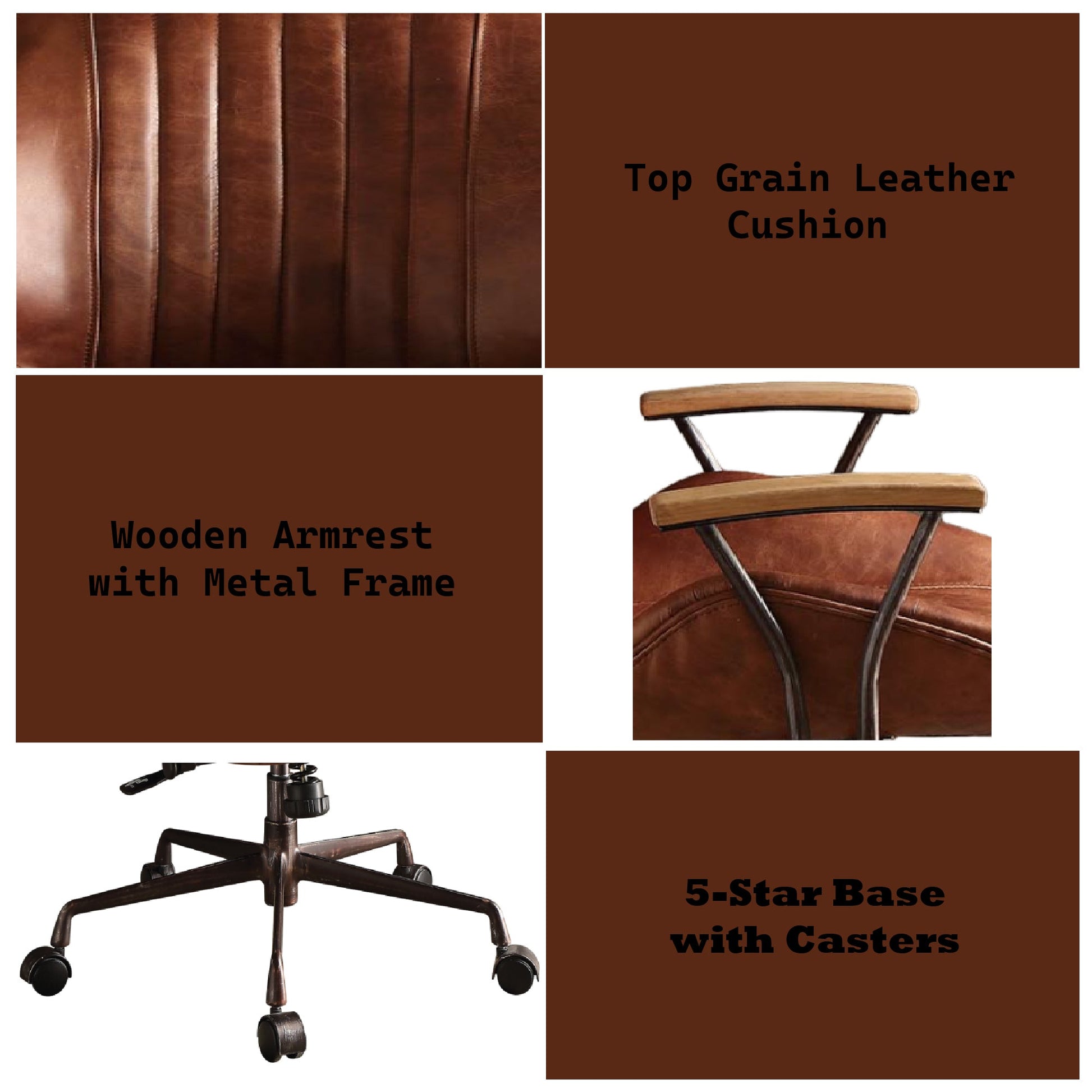 Coffee Executive Office Chair – Top Grain Leather Swivel Desk Chair with Wood Armrests - 1st Choice Furniture Direct