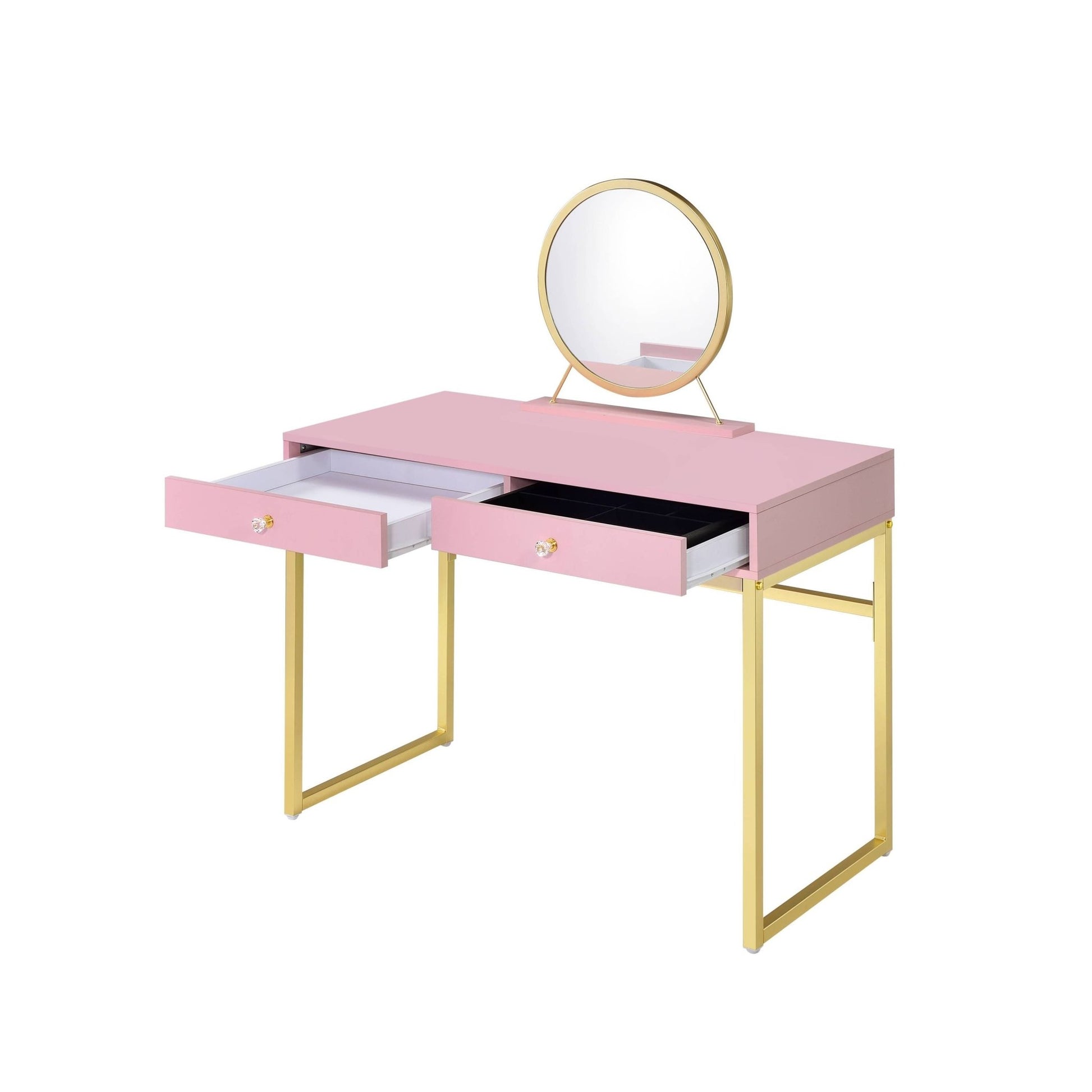 Coleen Pink & Gold Finish Vanity Desk W/Mirror & Jewelry Tray - 1st Choice Furniture Direct