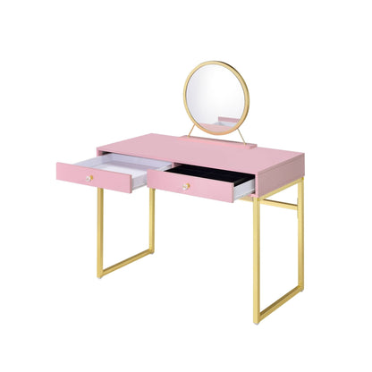Coleen Pink & Gold Finish Vanity Desk W/Mirror & Jewelry Tray - 1st Choice Furniture Direct