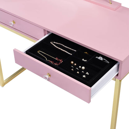 Coleen Pink & Gold Finish Vanity Desk W/Mirror & Jewelry Tray - 1st Choice Furniture Direct