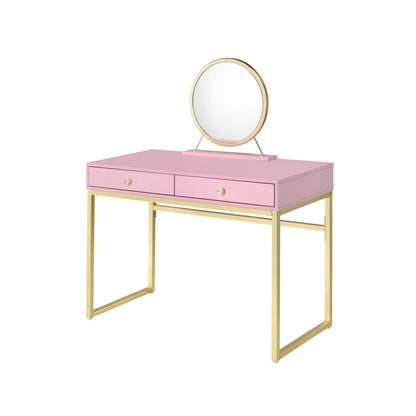 Coleen Pink & Gold Finish Vanity Desk W/Mirror & Jewelry Tray - 1st Choice Furniture Direct