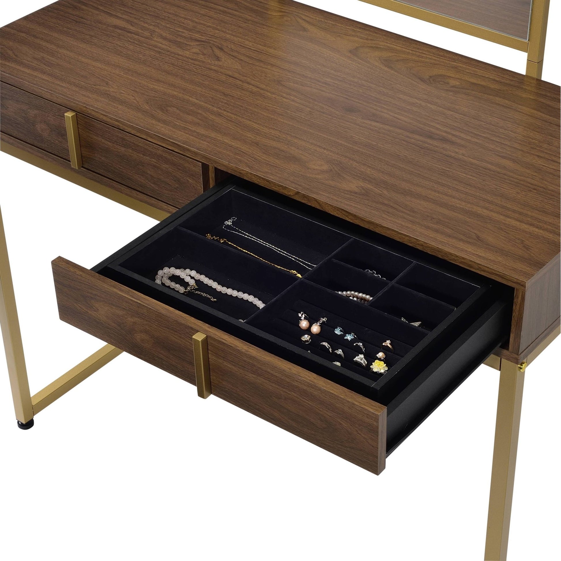 Coleen Walnut & Gold Finish Vanity Desk W/Mirror & Jewelry Tray - 1st Choice Furniture Direct