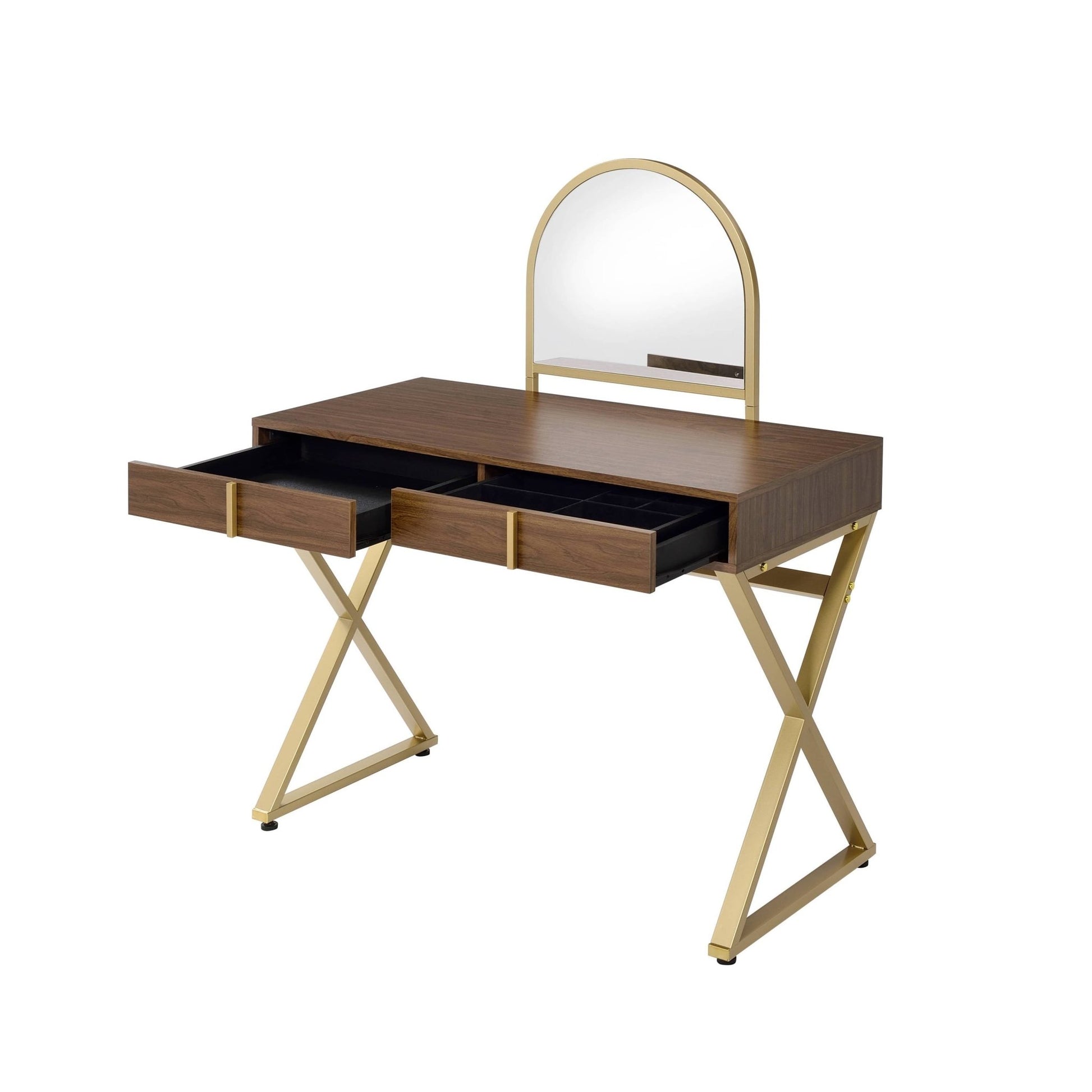 Coleen Walnut & Gold Finish Vanity Desk W/Mirror & Jewelry Tray - 1st Choice Furniture Direct