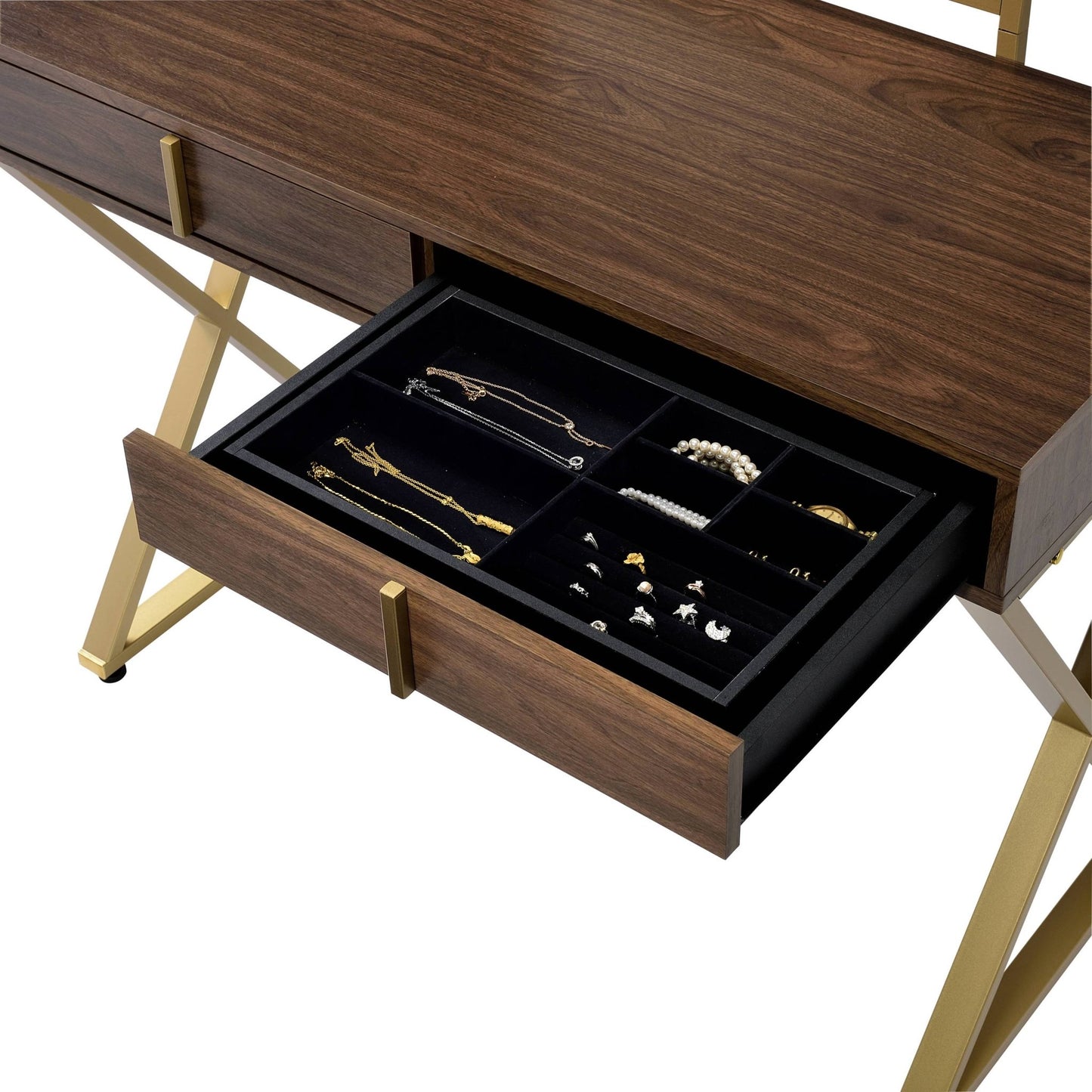 Coleen Walnut & Gold Finish Vanity Desk W/Mirror & Jewelry Tray - 1st Choice Furniture Direct