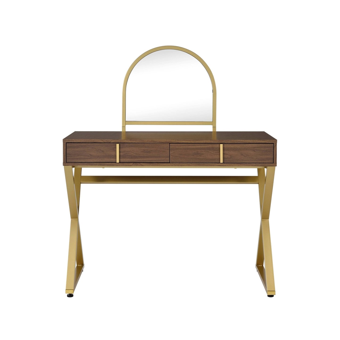Coleen Walnut & Gold Finish Vanity Desk W/Mirror & Jewelry Tray - 1st Choice Furniture Direct