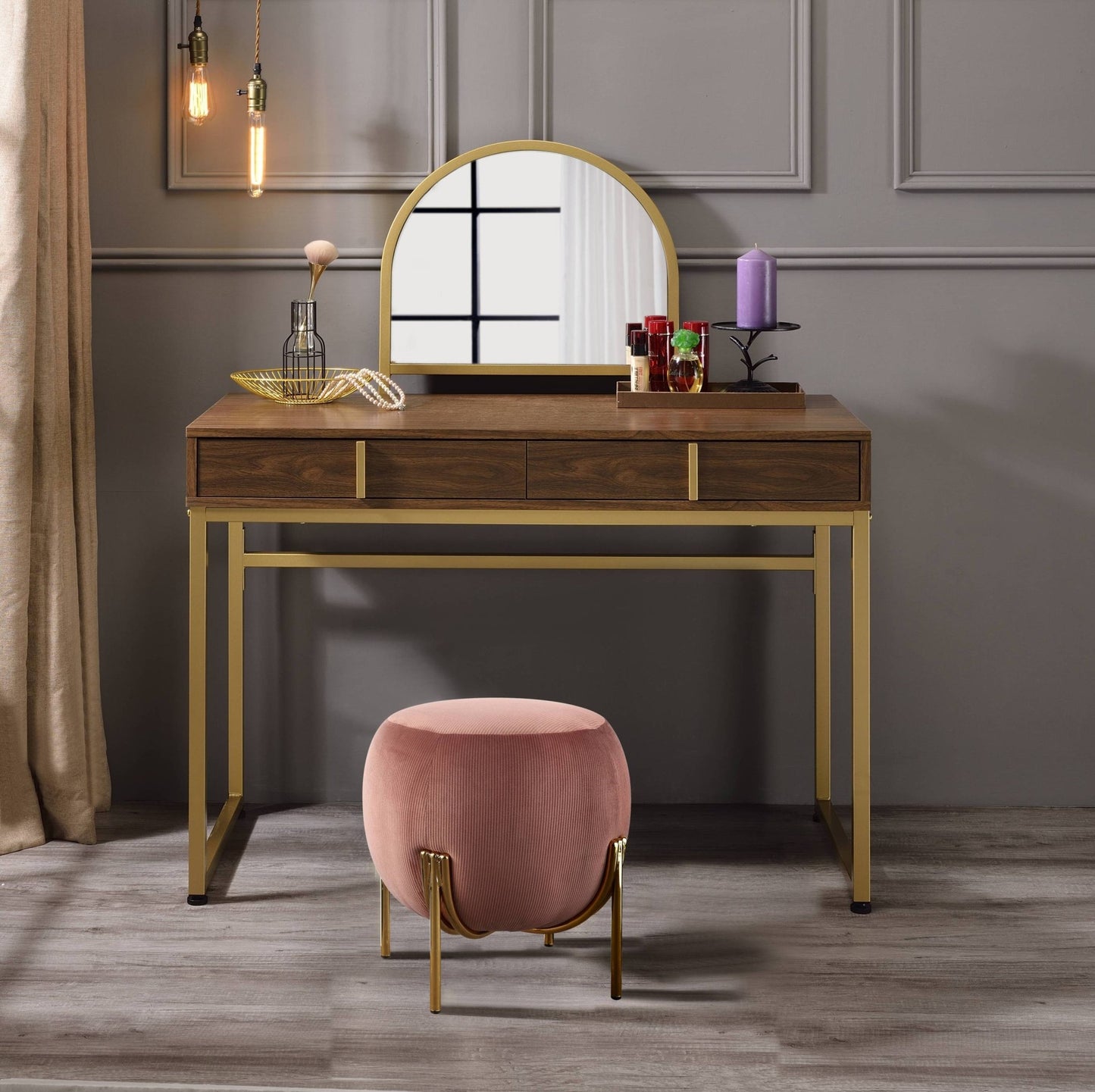 Coleen Walnut & Gold Finish Vanity Desk W/Mirror & Jewelry Tray - 1st Choice Furniture Direct