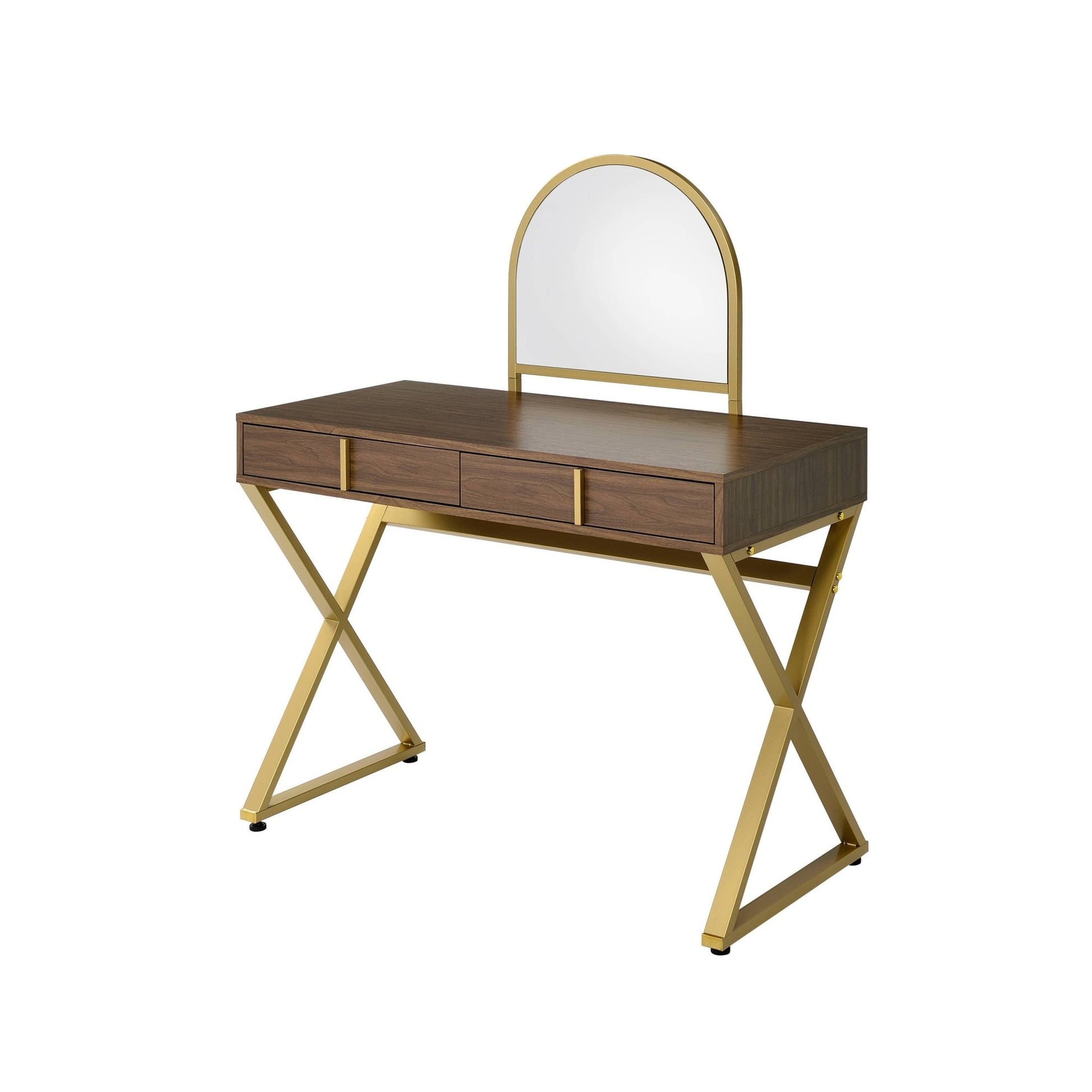 Coleen Walnut & Gold Finish Vanity Desk W/Mirror & Jewelry Tray - 1st Choice Furniture Direct