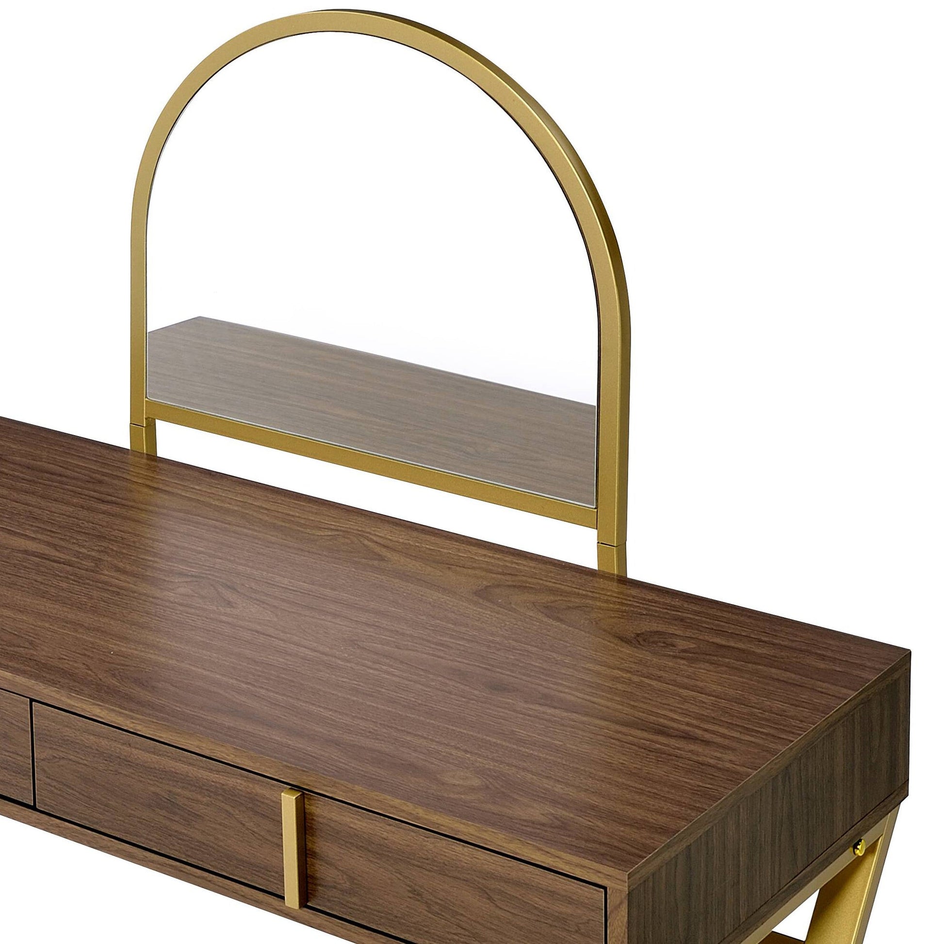 Coleen Walnut & Gold Finish Vanity Desk W/Mirror & Jewelry Tray - 1st Choice Furniture Direct