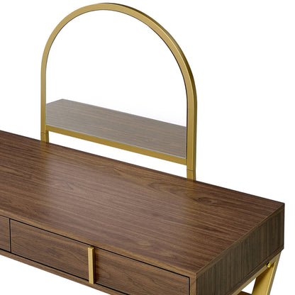 Coleen Walnut & Gold Finish Vanity Desk W/Mirror & Jewelry Tray - 1st Choice Furniture Direct
