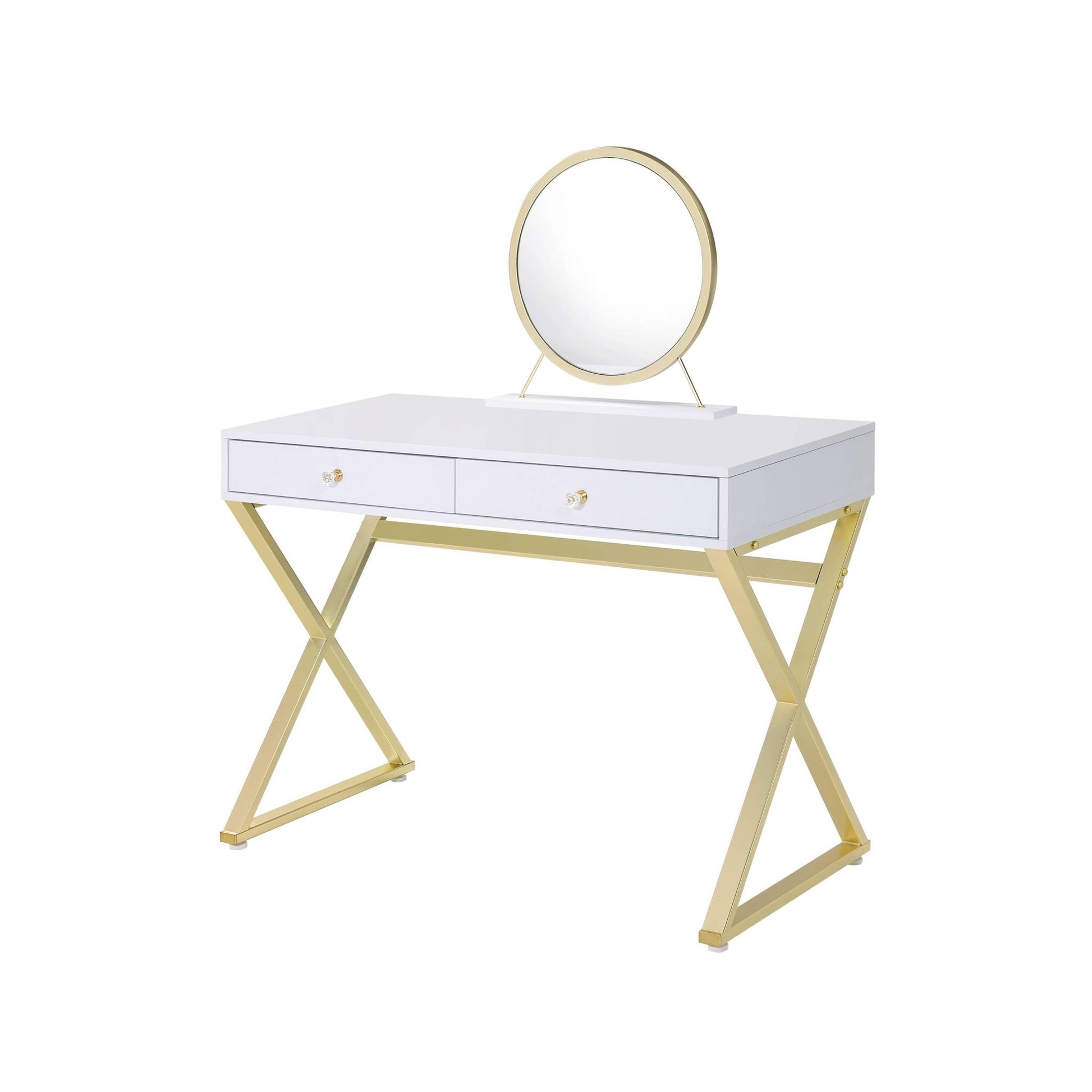 Coleen White & Gold Finish Vanity Desk W/Mirror & Jewelry Tray - 1st Choice Furniture Direct
