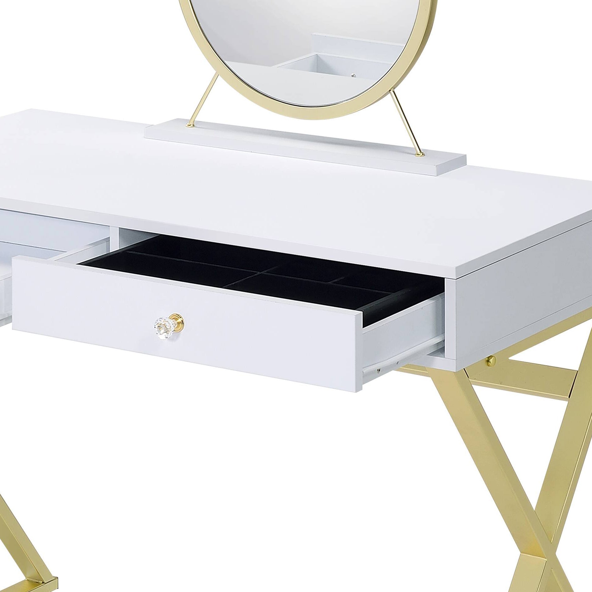 Coleen White & Gold Finish Vanity Desk W/Mirror & Jewelry Tray - 1st Choice Furniture Direct