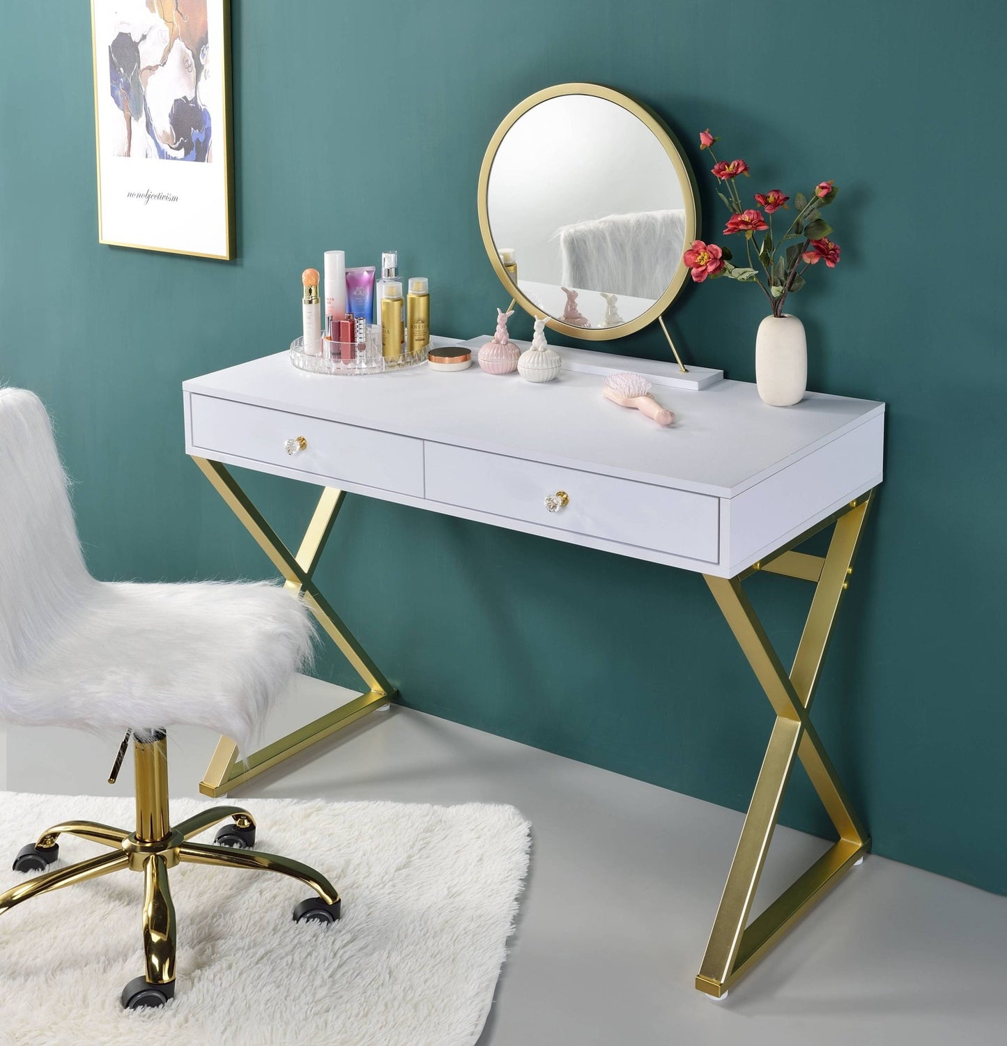 Coleen White & Gold Finish Vanity Desk W/Mirror & Jewelry Tray - 1st Choice Furniture Direct