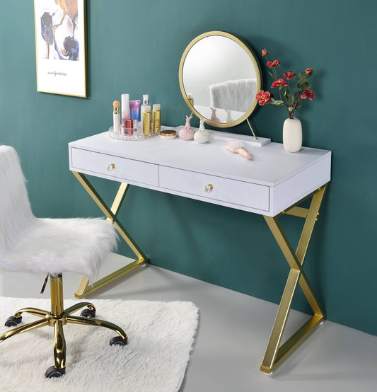 Coleen White & Gold Finish Vanity Desk W/Mirror & Jewelry Tray - 1st Choice Furniture Direct