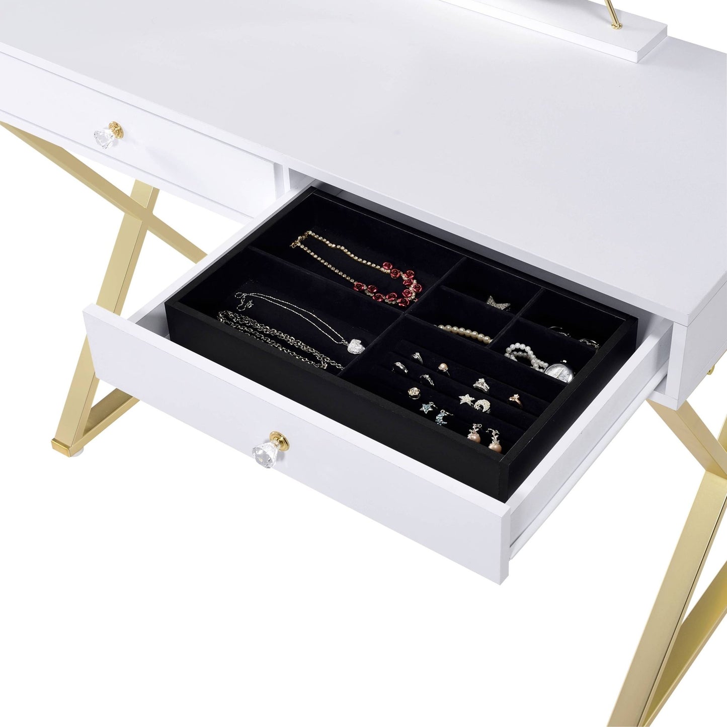 Coleen White & Gold Finish Vanity Desk W/Mirror & Jewelry Tray - 1st Choice Furniture Direct