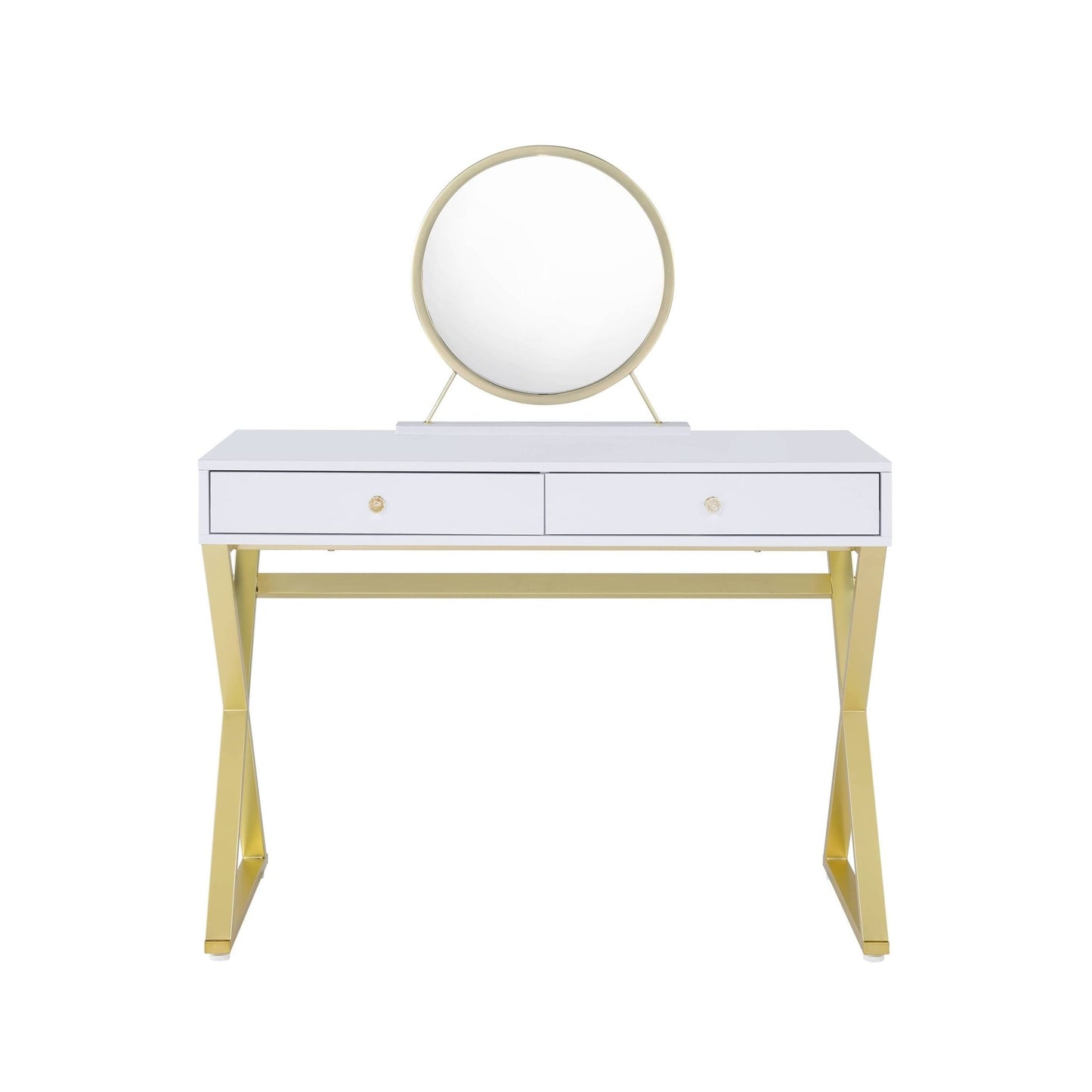 Coleen White & Gold Finish Vanity Desk W/Mirror & Jewelry Tray - 1st Choice Furniture Direct