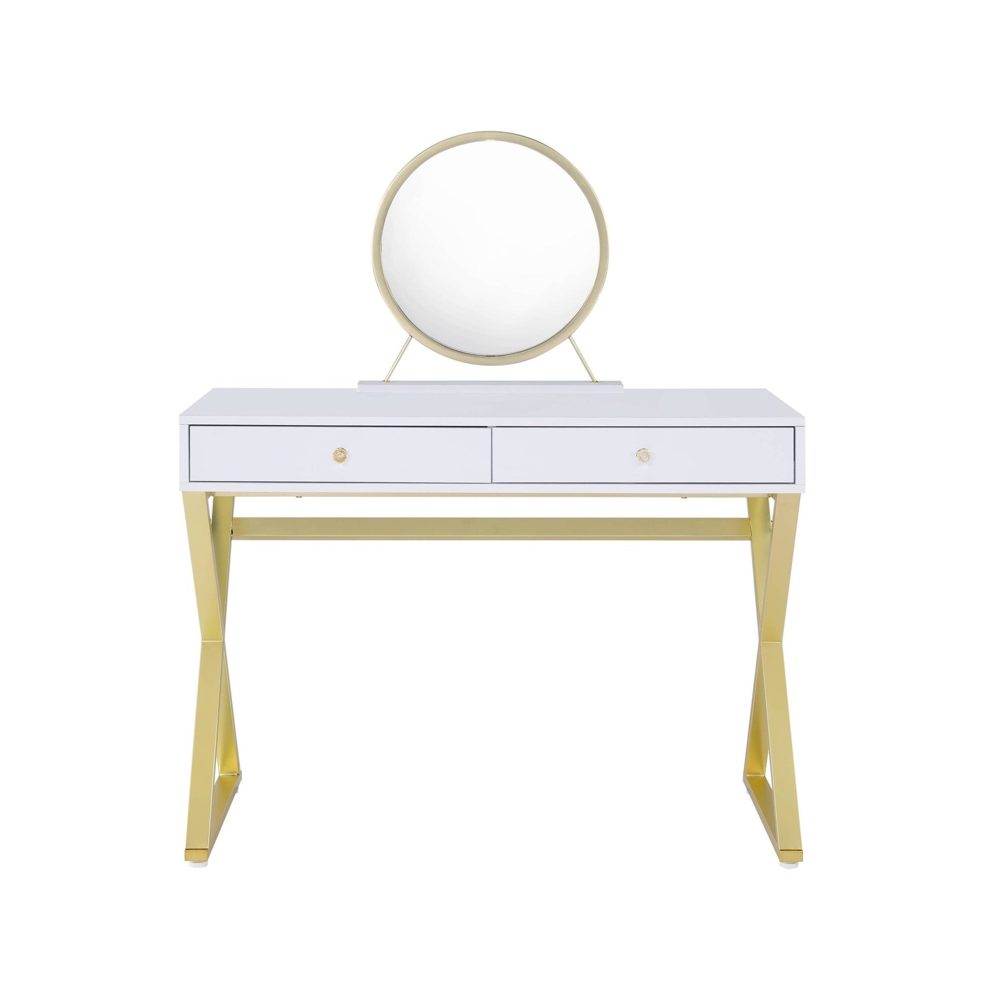 Coleen White & Gold Finish Vanity Desk W/Mirror & Jewelry Tray - 1st Choice Furniture Direct