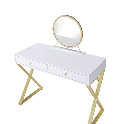 Coleen White & Gold Finish Vanity Desk W/Mirror & Jewelry Tray - 1st Choice Furniture Direct