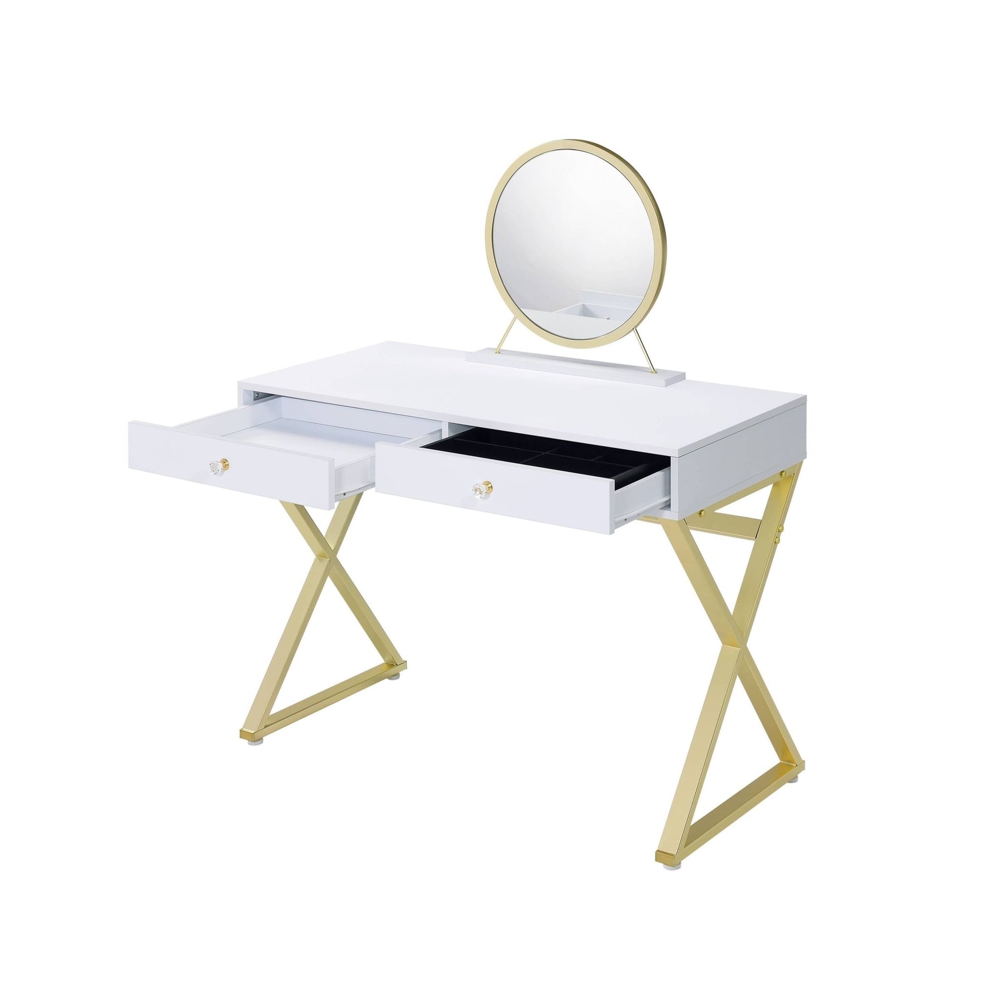 Coleen White & Gold Finish Vanity Desk W/Mirror & Jewelry Tray - 1st Choice Furniture Direct