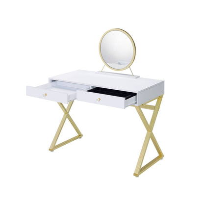 Coleen White & Gold Finish Vanity Desk W/Mirror & Jewelry Tray - 1st Choice Furniture Direct