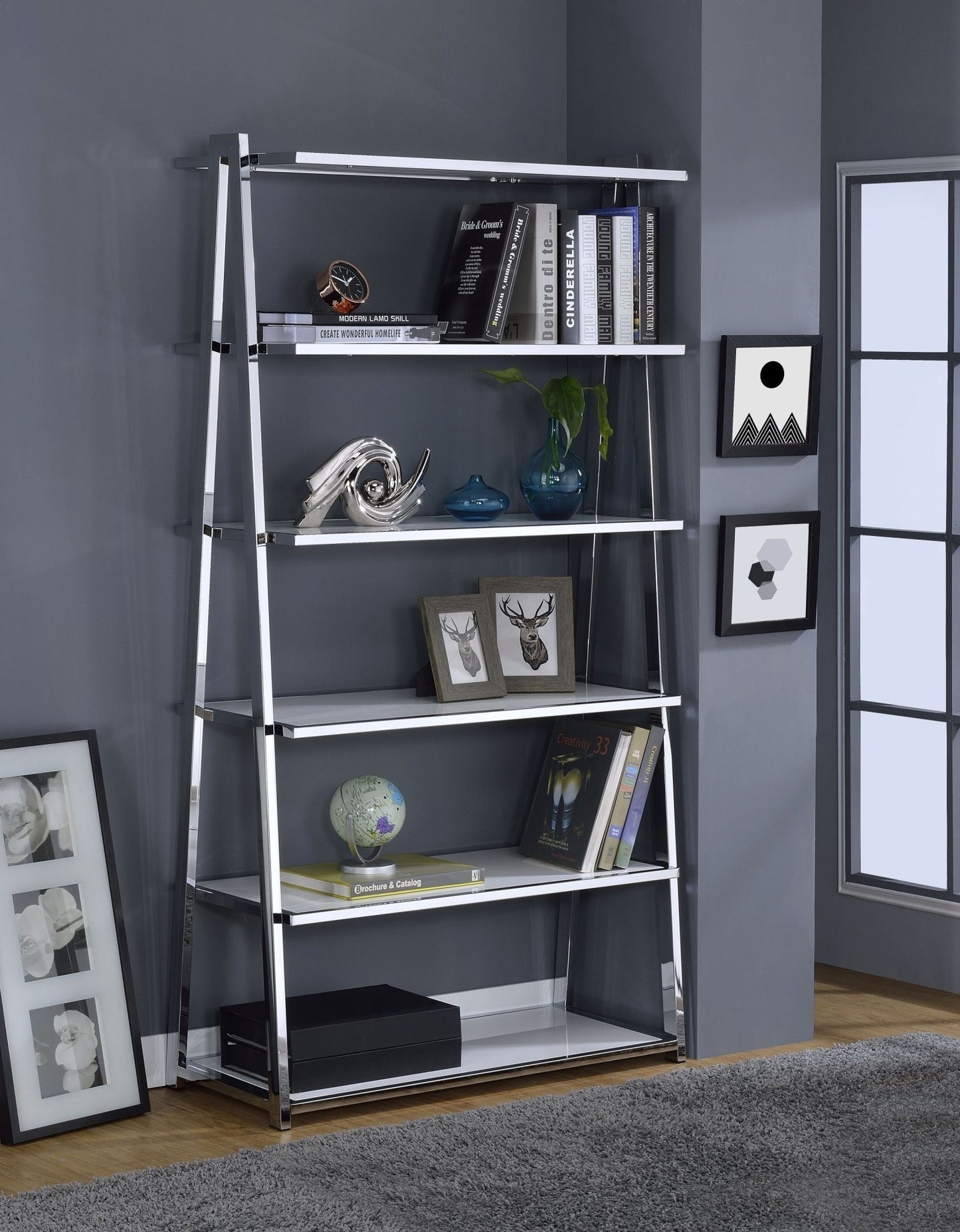 Coleen White High Gloss & Chrome Finish Bookshelf - 1st Choice Furniture Direct