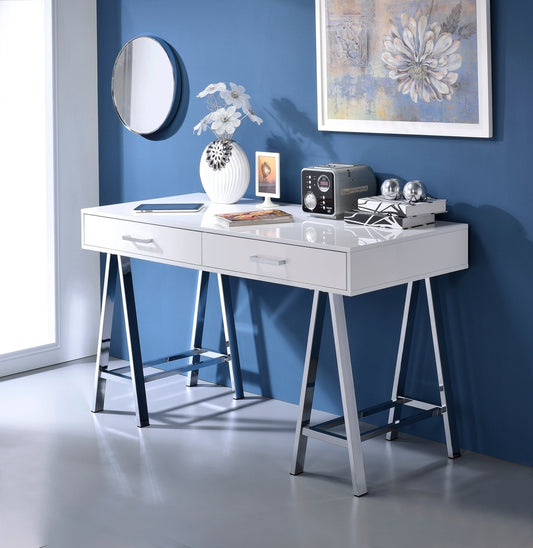 Coleen White High Gloss & Chrome Finish Writing Desk W/USB - 1st Choice Furniture Direct