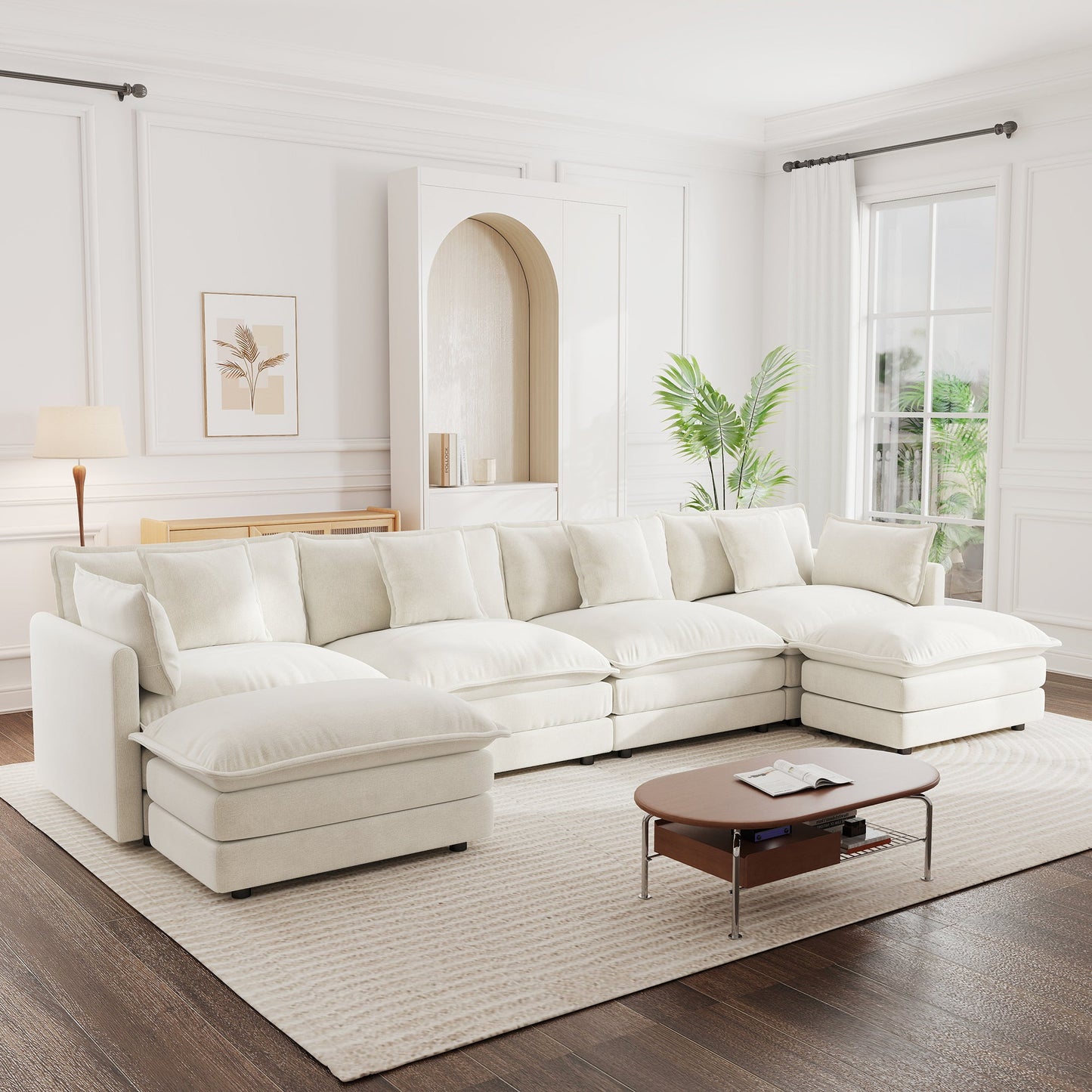 Comfort U Shaped Couch with Reversible Chaise, Modular Large U - Shape Sectional Sofa, Double Extra Ottomans,White Chenille - 1st Choice Furniture Direct