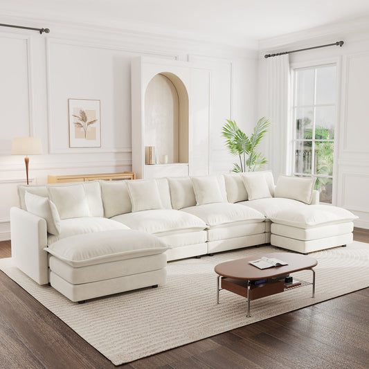 Comfort U Shaped Couch with Reversible Chaise, Modular Large U - Shape Sectional Sofa, Double Extra Ottomans,White Chenille - 1st Choice Furniture Direct