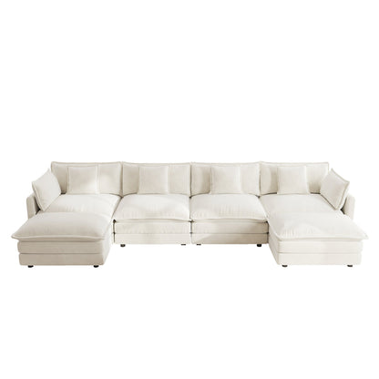 Comfort U Shaped Couch with Reversible Chaise, Modular Large U - Shape Sectional Sofa, Double Extra Ottomans,White Chenille - 1st Choice Furniture Direct