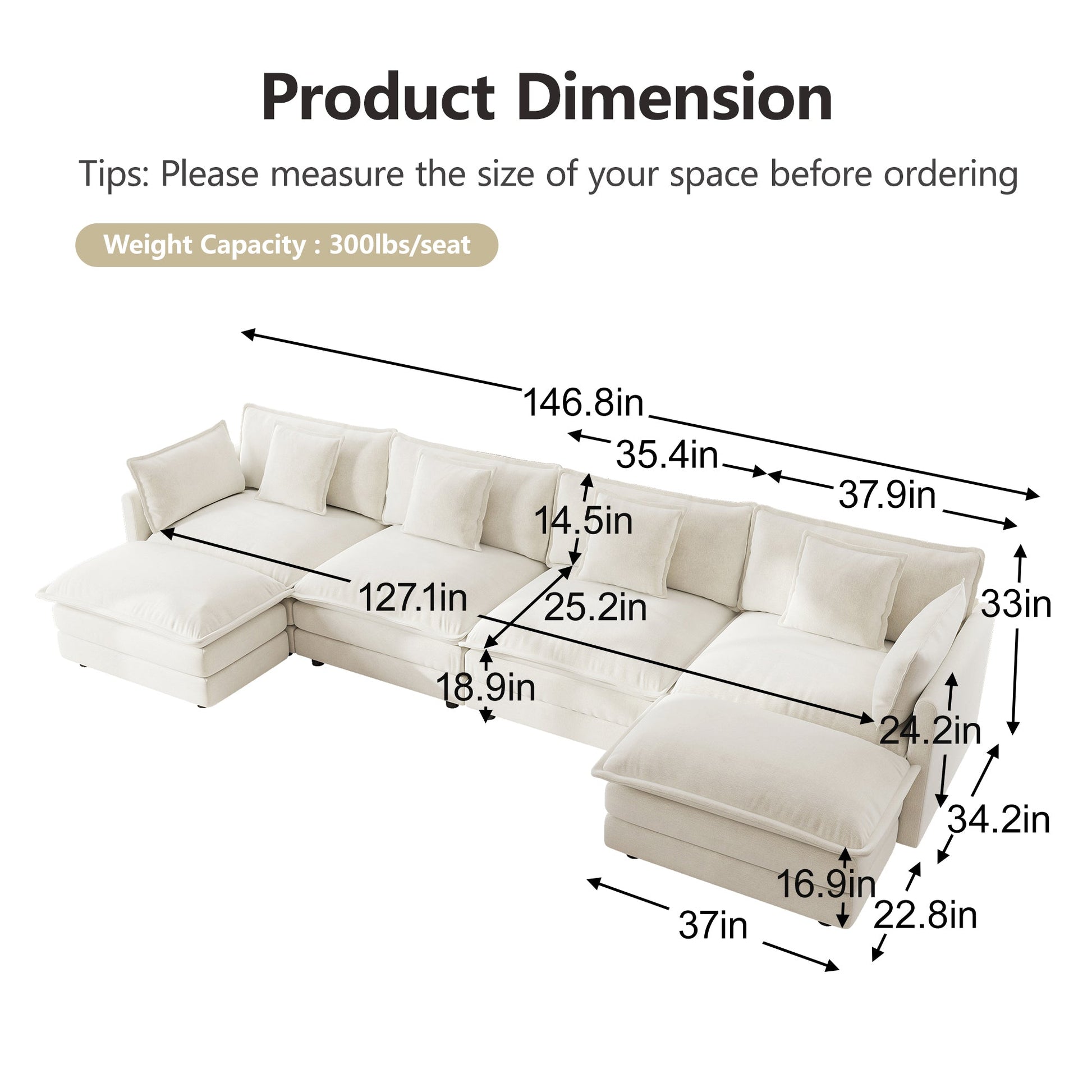 Comfort U Shaped Couch with Reversible Chaise, Modular Large U - Shape Sectional Sofa, Double Extra Ottomans,White Chenille - 1st Choice Furniture Direct