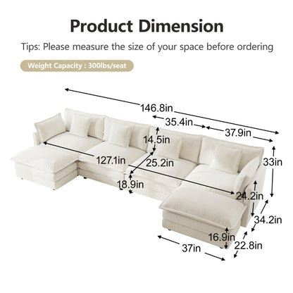 Comfort U Shaped Couch with Reversible Chaise, Modular Large U - Shape Sectional Sofa, Double Extra Ottomans,White Chenille - 1st Choice Furniture Direct
