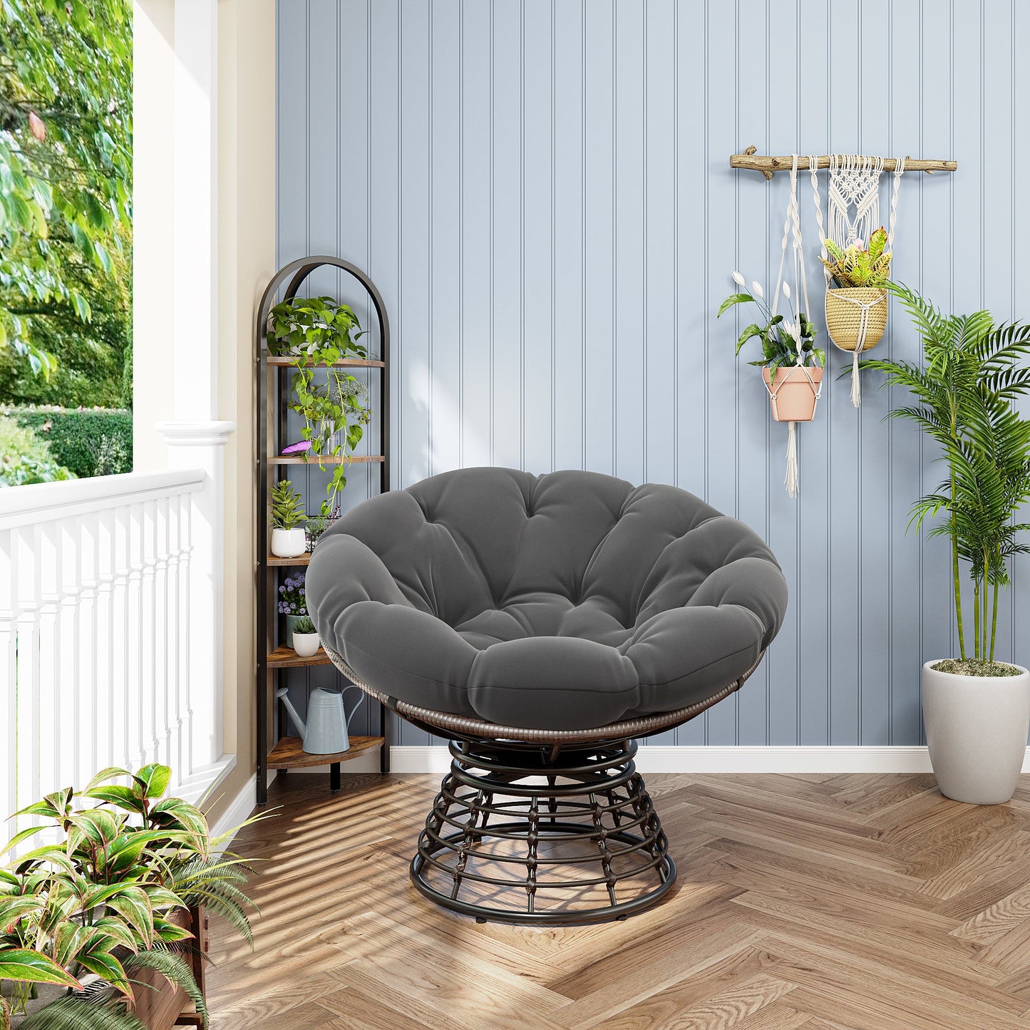 Comfortable Ergonomic Wicker Papasan Chair, 360° Swivel Indoor Outdoor Rattan Chair with Soft Thick Cushion, Ideal for Living Room, Bedroom, Reading Room, Brown Frame with Grey Cushion - 1st Choice Furniture Direct