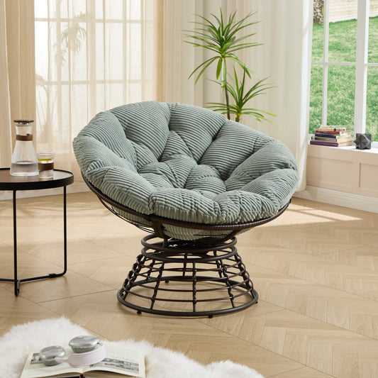 Comfortable Ergonomic Wicker Papasan Chair, 360° Swivel Indoor Outdoor Rattan Chair with Soft Thick Cushion, Ideal for Living Room, Bedroom, Reading Room, Brown Frame with Light green Cushion - 1st Choice Furniture Direct