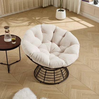 Comfortable Ergonomic Wicker Papasan Chair, 360° Swivel Indoor Outdoor Rattan Chair with Soft Thick Cushion, Ideal for Living Room, Bedroom, Reading Room, Brown Frame with White Cushion - 1st Choice Furniture Direct