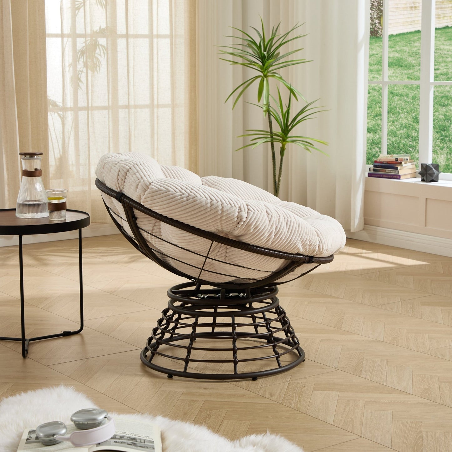 Comfortable Ergonomic Wicker Papasan Chair, 360° Swivel Indoor Outdoor Rattan Chair with Soft Thick Cushion, Ideal for Living Room, Bedroom, Reading Room, Brown Frame with White Cushion - 1st Choice Furniture Direct