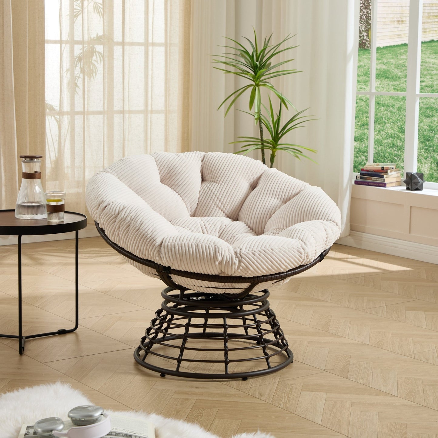 Comfortable Ergonomic Wicker Papasan Chair, 360° Swivel Indoor Outdoor Rattan Chair with Soft Thick Cushion, Ideal for Living Room, Bedroom, Reading Room, Brown Frame with White Cushion - 1st Choice Furniture Direct