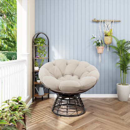 Comfortable Ergonomic Wicker Papasan Chair, 360° Swivel Indoor Outdoor Rattan Chair with Soft Thick Cushion, Ideal for Living Room, Bedroom, Reading Room, Brown Frame with Beige Cushion - 1st Choice Furniture Direct