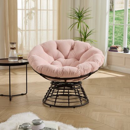 Comfortable Ergonomic Wicker Papasan Chair, 360° Swivel Indoor Outdoor Rattan Chair with Soft Thick Cushion, Ideal for Living Room, Bedroom, Reading Room, Brown Frame with Pink Cushion - 1st Choice Furniture Direct