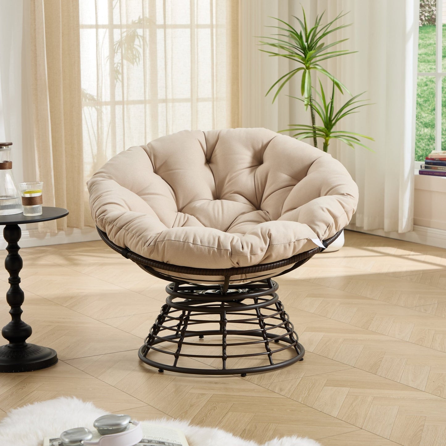 Comfortable Ergonomic Wicker Papasan Chair, 360° Swivel Indoor Outdoor Rattan Chair with Soft Thick Cushion, Ideal for Living Room, Bedroom, Reading Room, Brown Frame with Beige Cushion - 1st Choice Furniture Direct