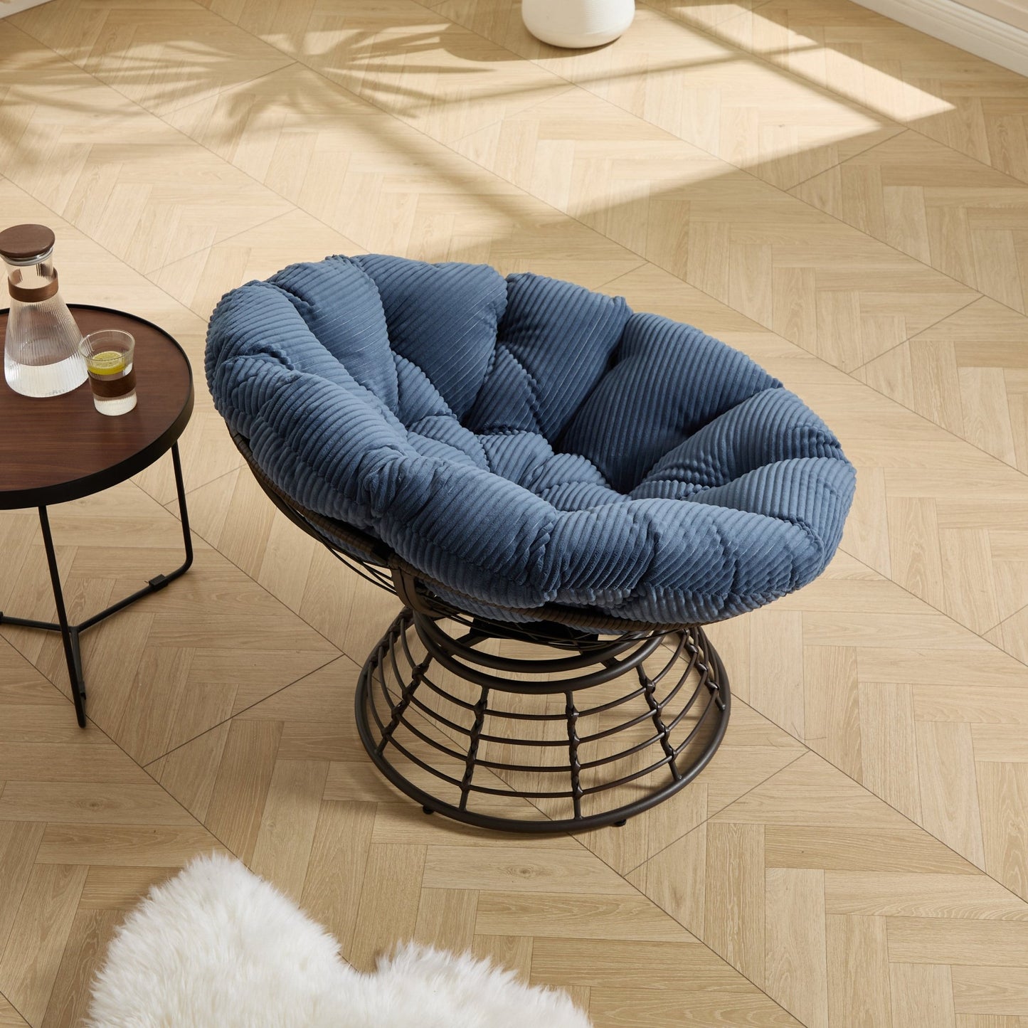 Comfortable Ergonomic Wicker Papasan Chair, 360° Swivel Indoor Outdoor Rattan Chair with Soft Thick Cushion, Ideal for Living Room, Bedroom, Reading Room, Brown Frame with Navy blue Cushion - 1st Choice Furniture Direct