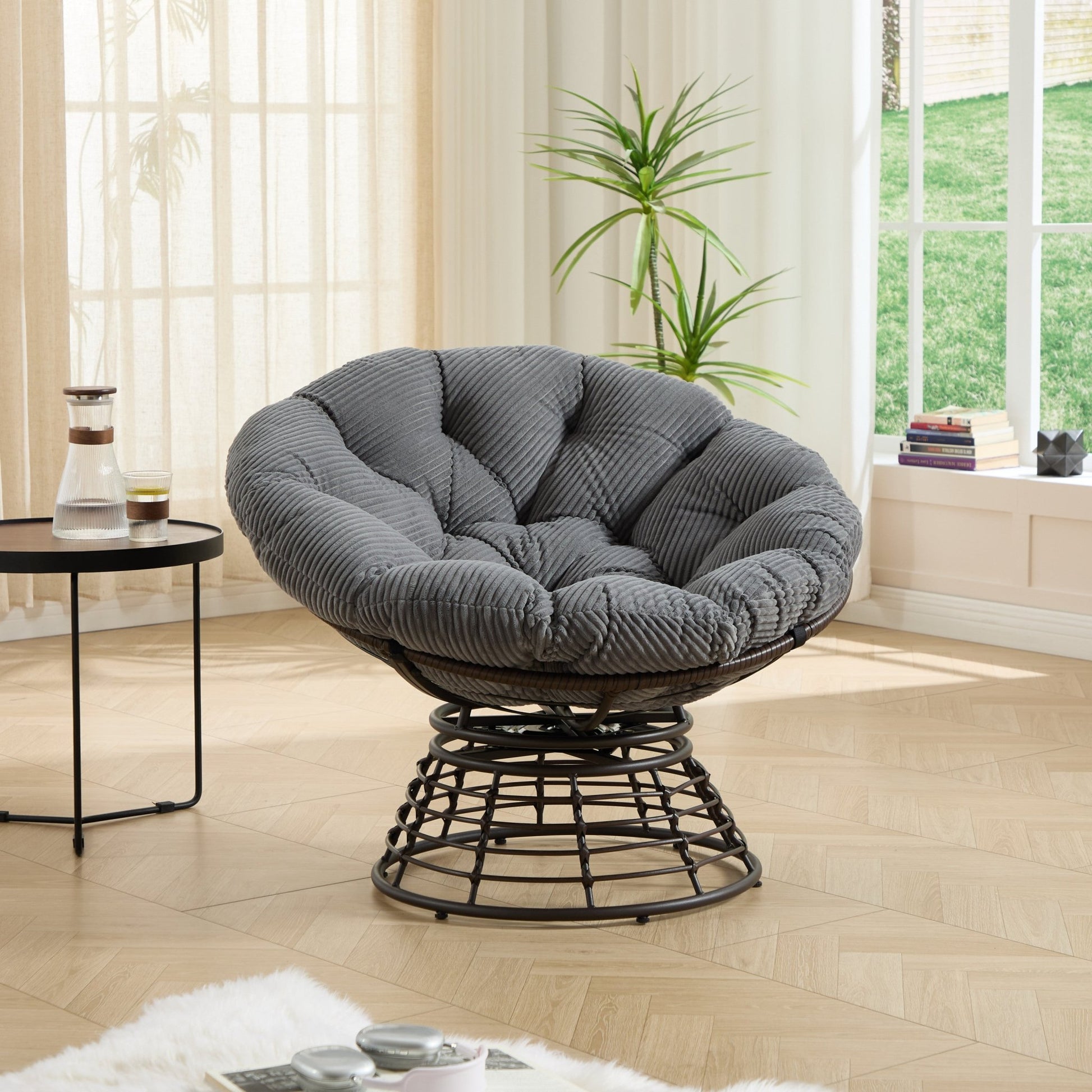 Comfortable Ergonomic Wicker Papasan Chair, 360° Swivel Indoor Outdoor Rattan Chair with Soft Thick Cushion, Ideal for Living Room, Bedroom, Reading Room, Brown Frame with Grey Cushion - 1st Choice Furniture Direct
