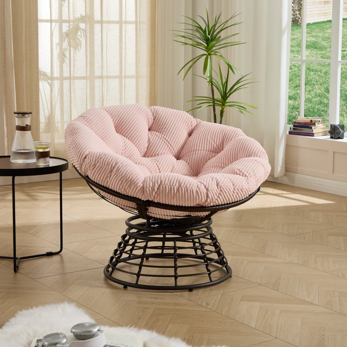 Comfortable Ergonomic Wicker Papasan Chair, 360° Swivel Indoor Outdoor Rattan Chair with Soft Thick Cushion, Ideal for Living Room, Bedroom, Reading Room, Brown Frame with Pink Cushion - 1st Choice Furniture Direct